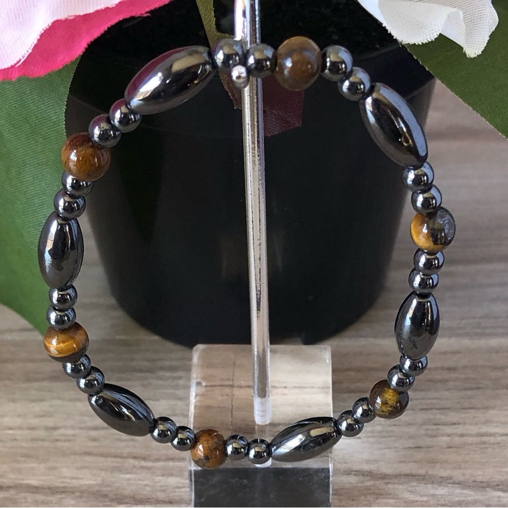 Natural Tiger Eye Stone Stretchable Hematite Beaded Bracelet